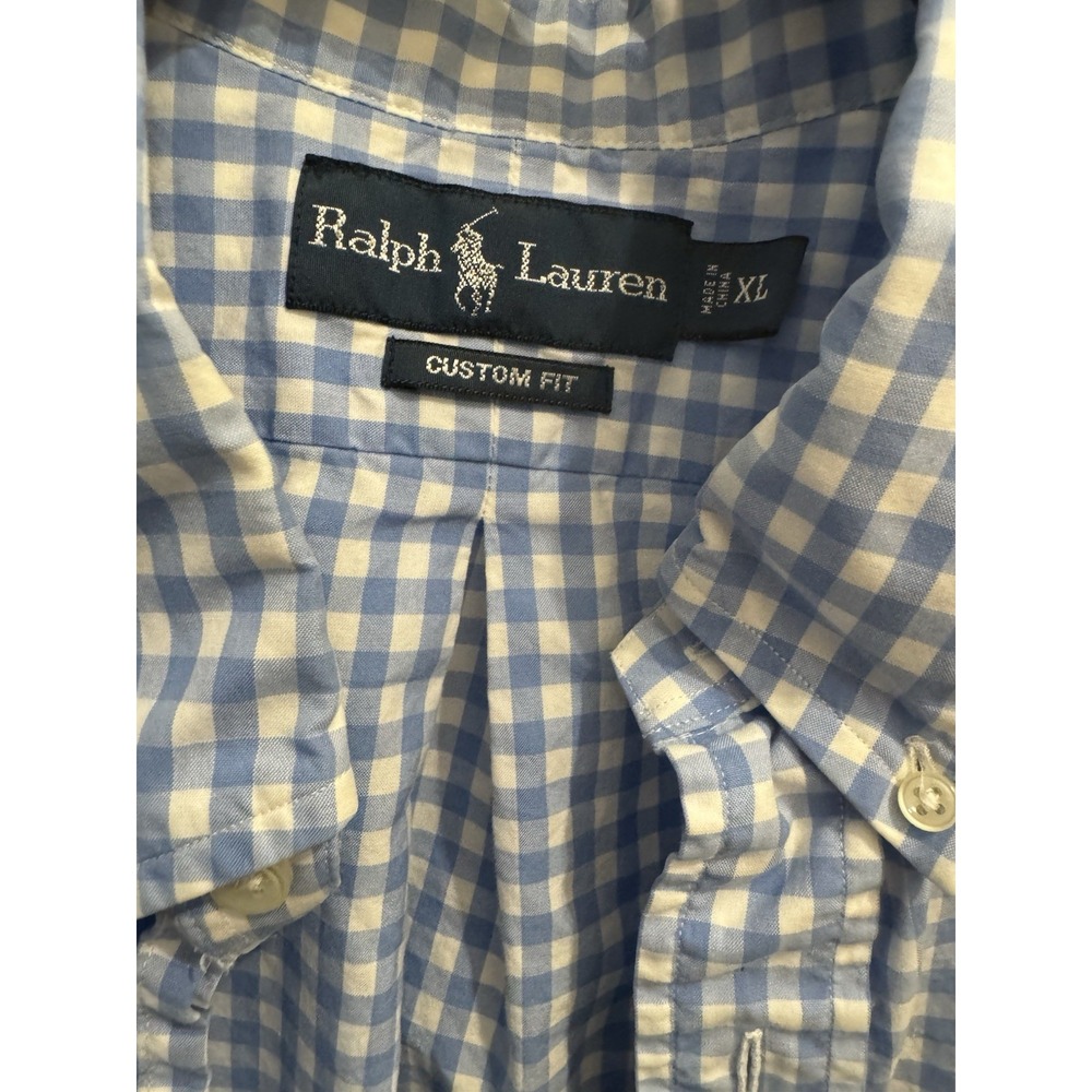 Ralph Lauren Dutton Down Blue Plaid Men's XL Custom Fit Pink Logo Long Sleeve